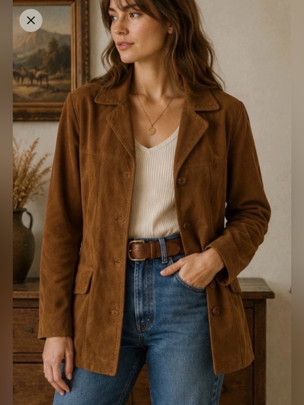 Women’s Suede Button-Front Leather Jacket in Warm Brown